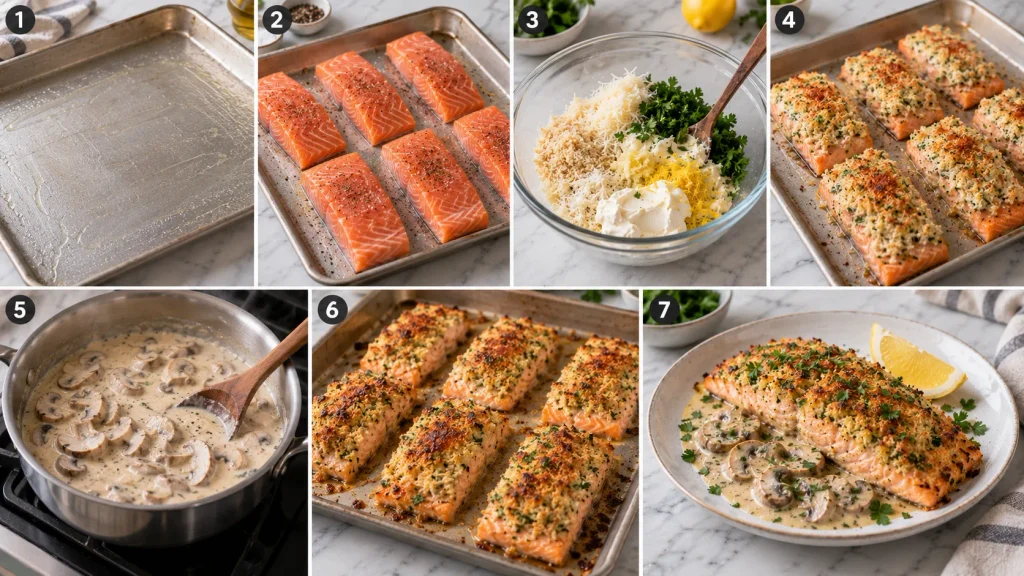 Step-by-step preparation of Mary Berry Herb Crusted Salmon with its herb and Parmesan crust