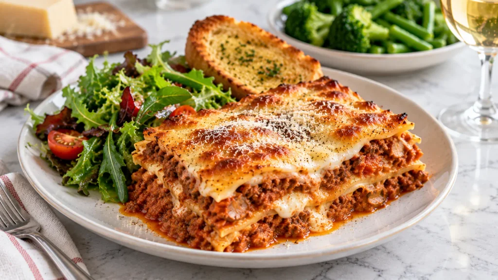 Mary Berry Lasagne al Forno served with green salad and garlic bread