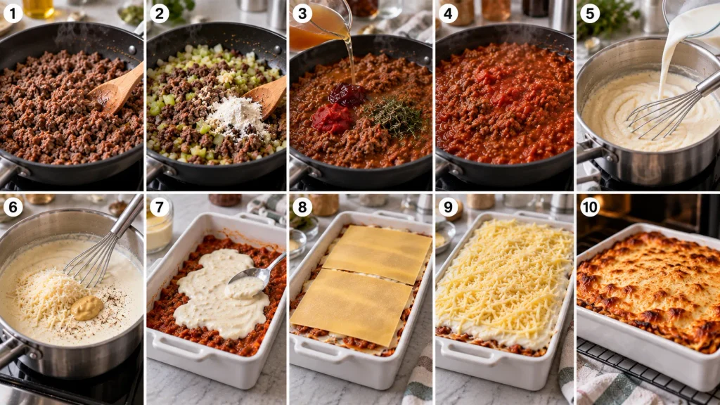 Mary Berry Lasagne al Forno cooking process in sequential steps