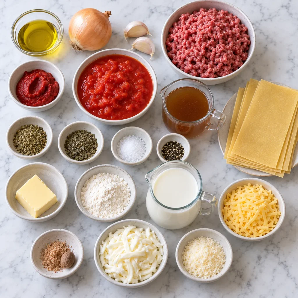 Ingredients for Mary Berry Lasagne with Mozzarella arranged in a flat lay
