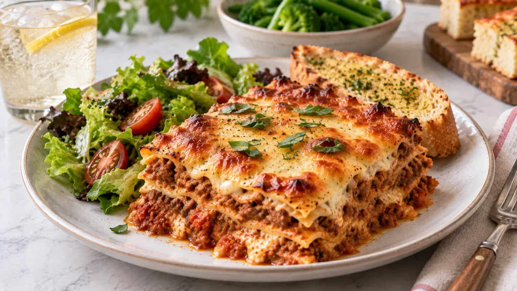 Mary Berry Lasagne with Mozzarella served with green salad, garlic bread and green vegetables