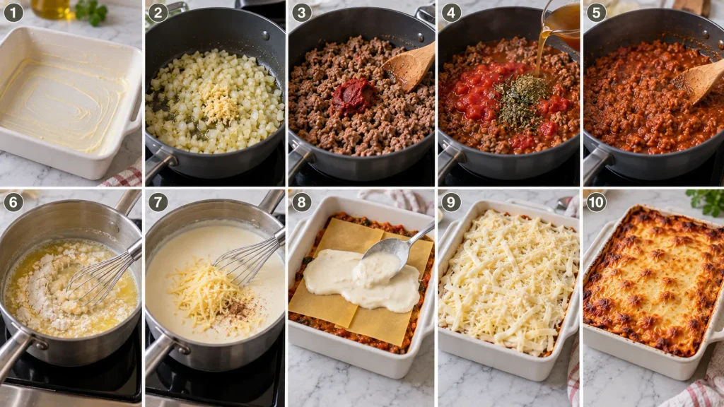 Mary Berry Lasagne with Mozzarella cooking process shown in numbered step-by-step panels