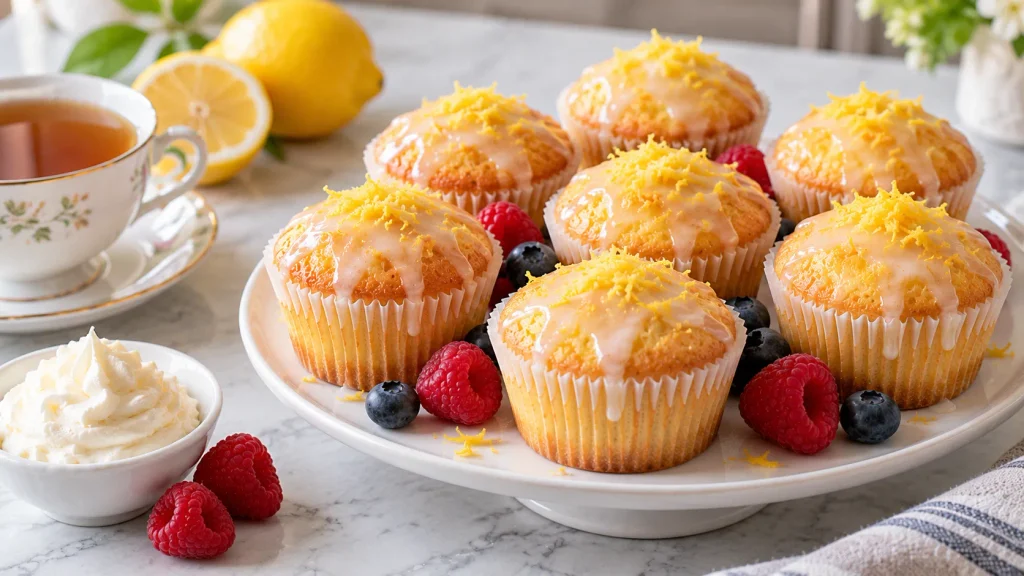 Mary Berry lemon drizzle cupcakes served on a plate with fresh berries