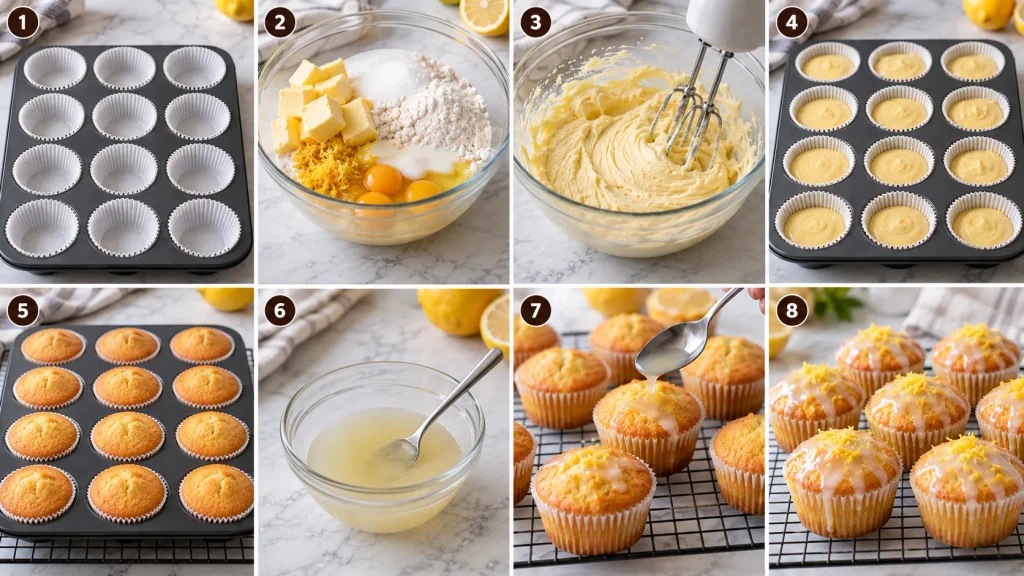 Step-by-step panels showing how to mix, bake, and drizzle Mary Berry lemon drizzle cupcakes