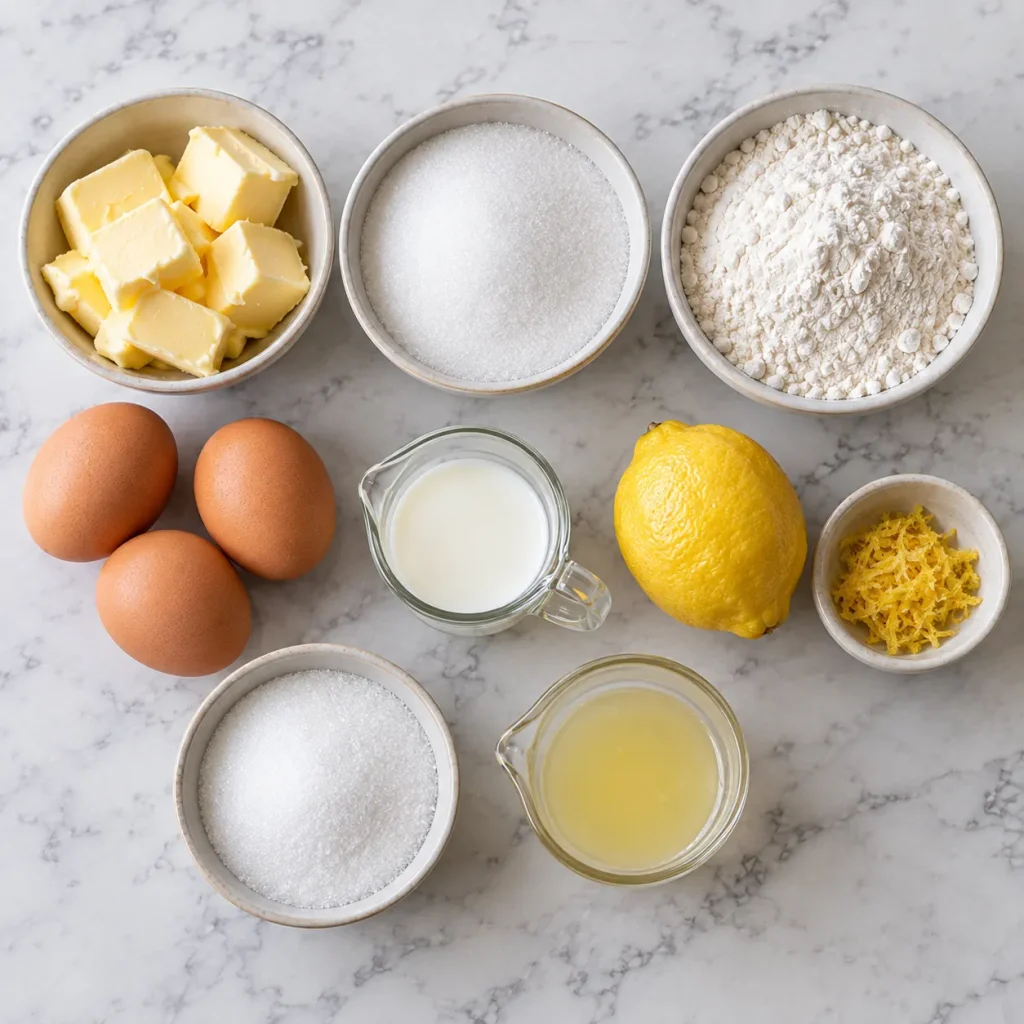 Flat-lay of ingredients for Mary Berry lemon drizzle cupcakes including flour, butter, eggs, lemon zest, and sugar