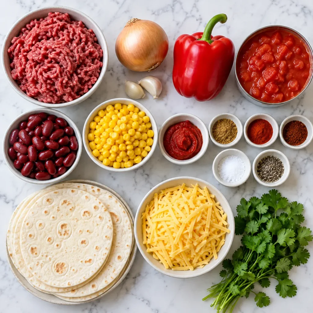 Ingredients for Mary Berry Mexican Lasagne Recipe arranged for preparation