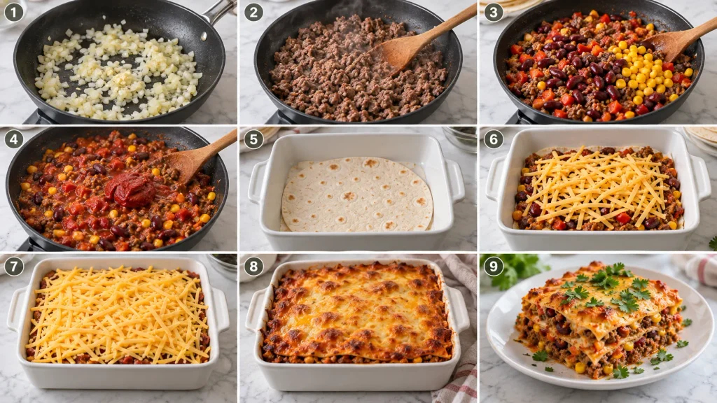Mary Berry Mexican Lasagne Recipe cooking method shown in step-by-step panels