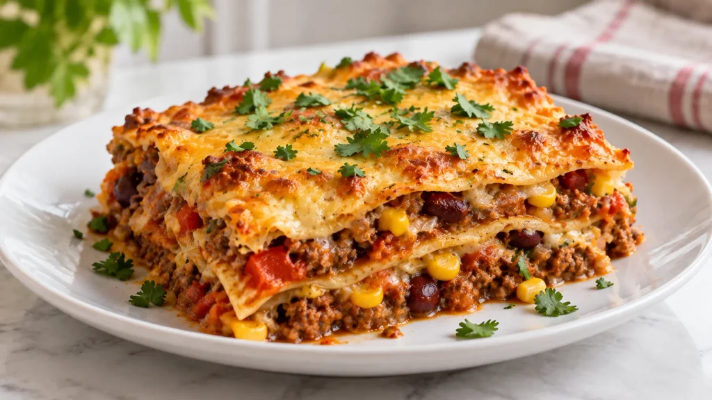Mary Berry Mexican Lasagne Recipe with layered tortillas, minced beef and golden melted cheddar