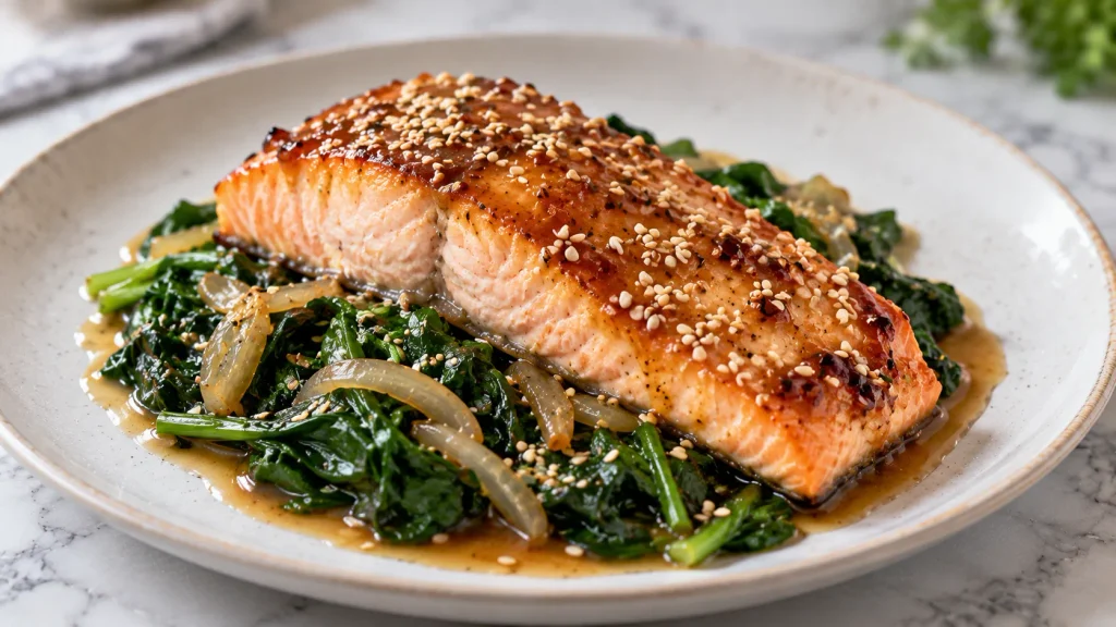 Mary Berry Miso Salmon Recipe with sesame seeds and wilted spinach