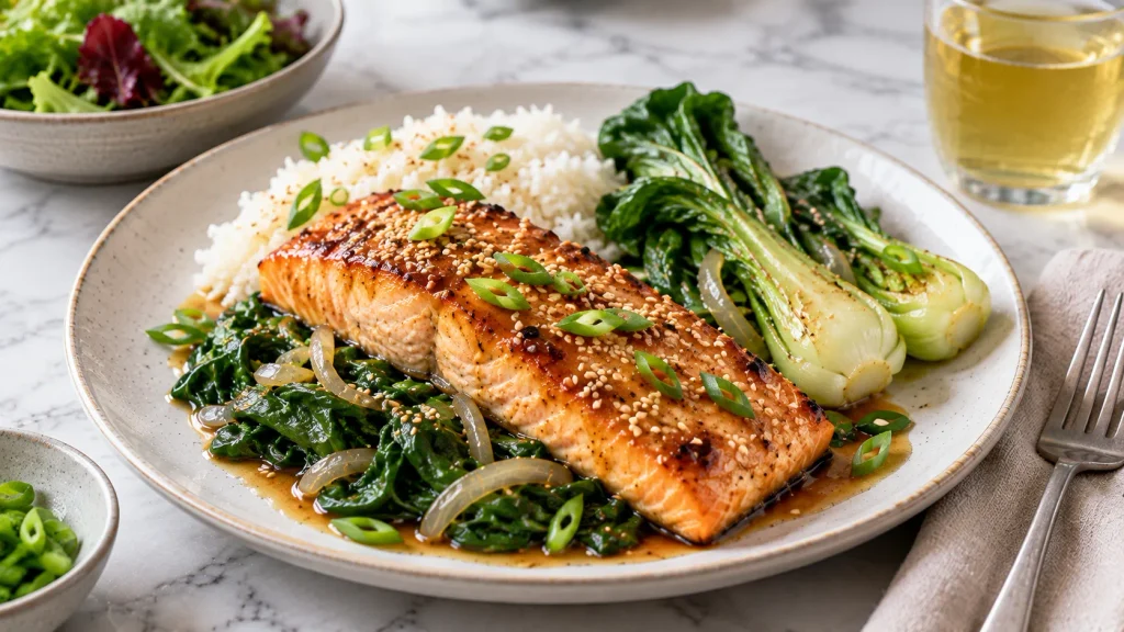 Mary Berry Miso Salmon served with spinach, red peppers, salad leaves and new potatoes