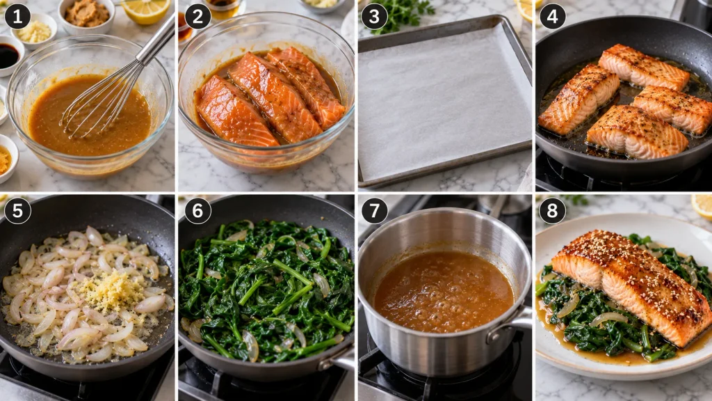 Step-by-step preparation of Mary Berry Miso Salmon with marinade, salmon, spinach and sesame seeds
