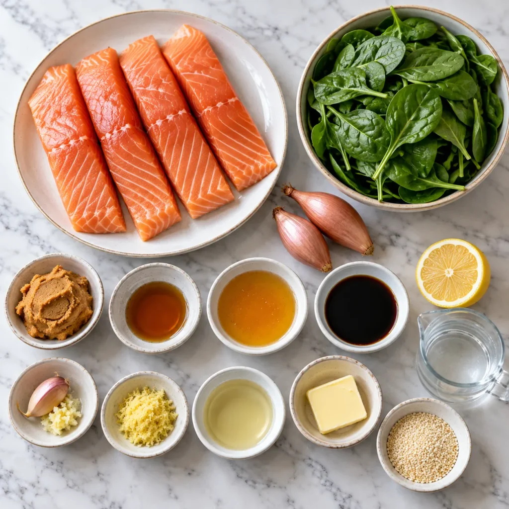 Ingredients for Mary Berry Miso Salmon Recipe including salmon, miso paste, sesame oil, honey, spinach and herbs