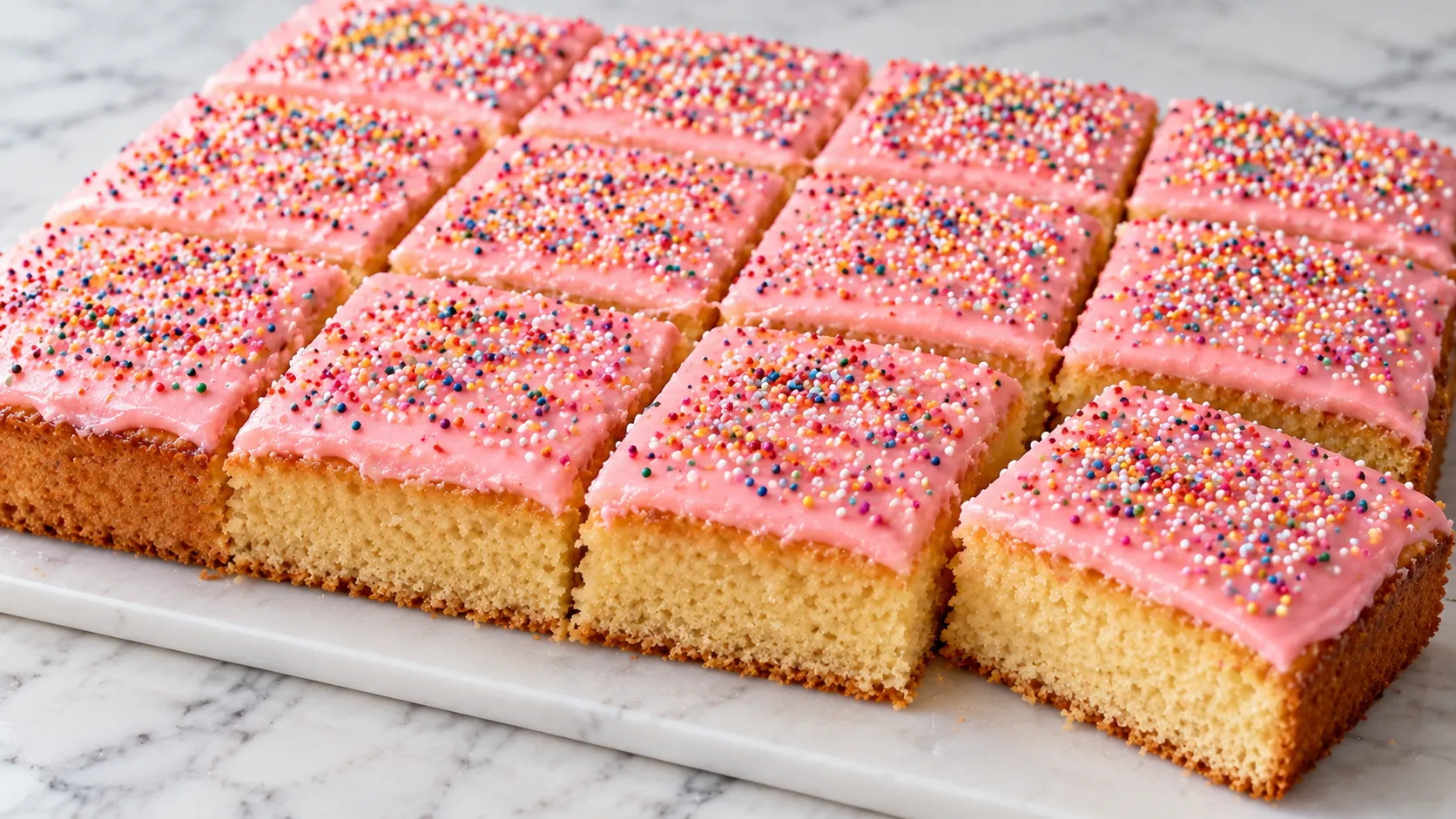 Mary Berry Old School Traybake topped with pink glacé icing and colourful sprinkles