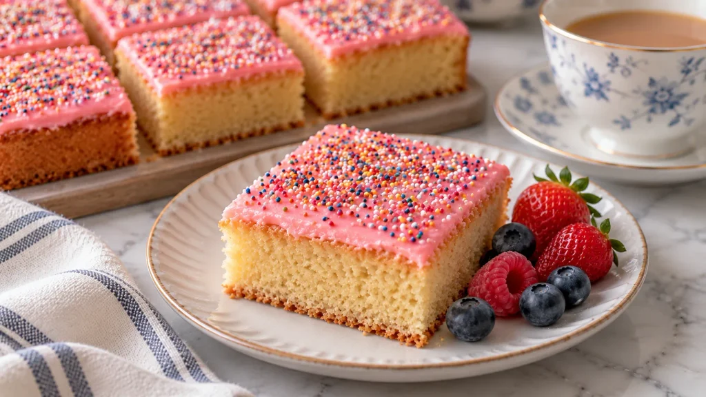 Sliced Old School Traybake squares served with a cup of tea