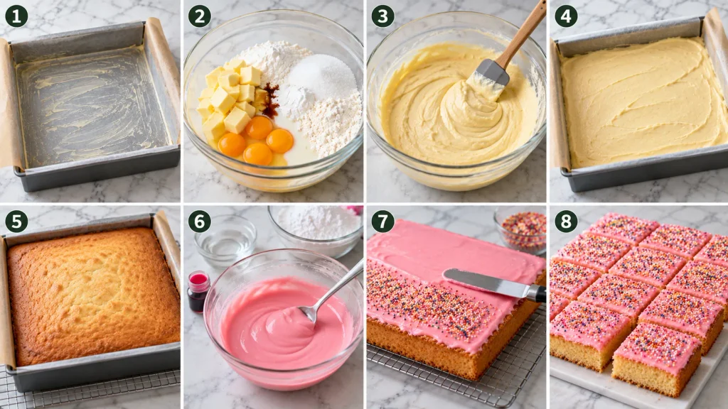 Step-by-step panels showing batter mixing, baking, and icing of the Old School Traybake