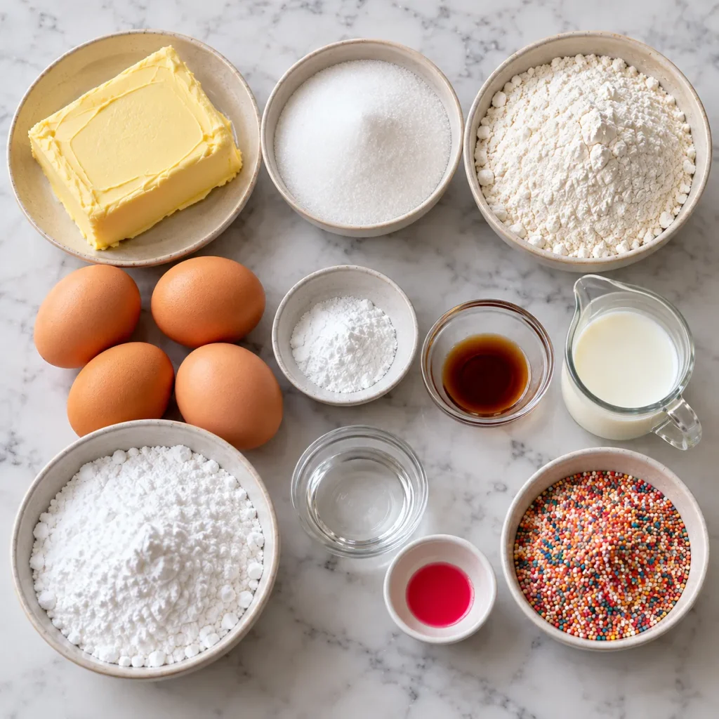 Flat-lay of ingredients for Mary Berry Old School Traybake, including flour, eggs, butter, and icing sugar