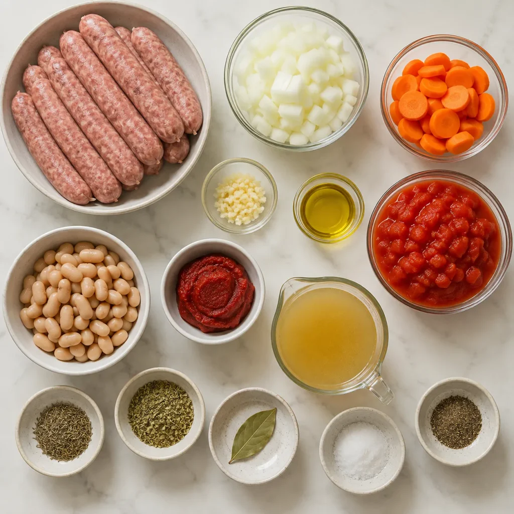 Ingredients for Mary Berry One Pot Sausage Casserole including sausages, vegetables, tomatoes, beans, herbs, and stock