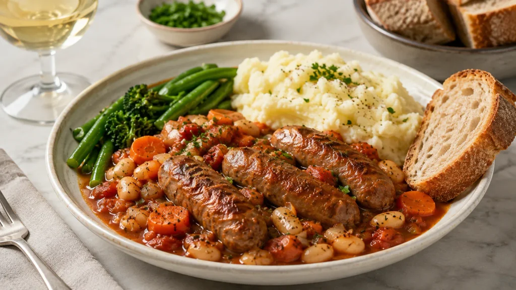 Mary Berry One Pot Sausage Casserole served with creamy mashed potatoes, crusty bread, and steamed green vegetables