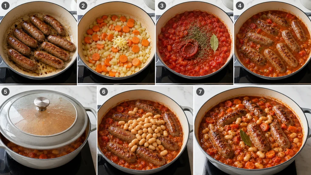 Mary Berry One Pot Sausage Casserole cooking process showing browned sausages, vegetables, sauce, and beans