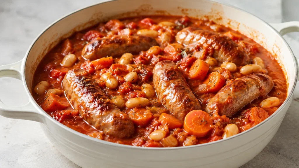 Mary Berry One Pot Sausage Casserole with browned sausages, vegetables, beans, and thick tomato sauce