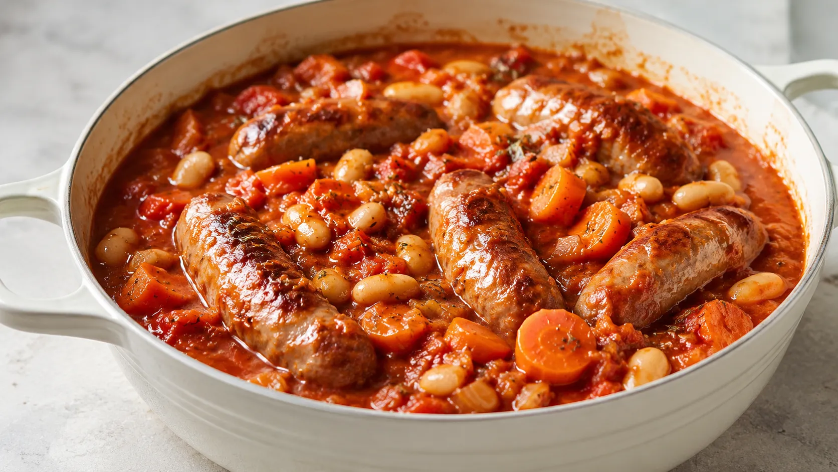 Mary Berry One Pot Sausage Casserole with browned sausages, vegetables, beans, and thick tomato sauce