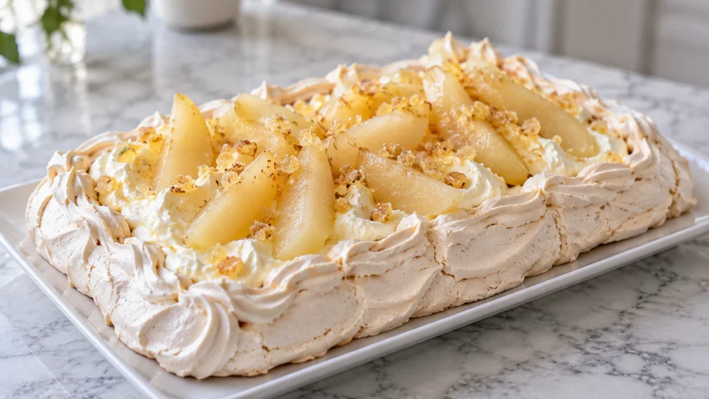 Mary Berry Pear Pavlova with crisp meringue, creamy filling, poached pears and crystallized ginger