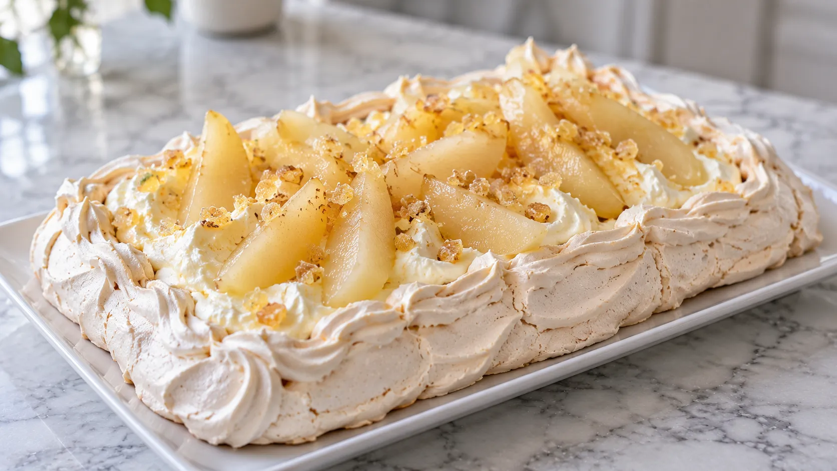 Mary Berry Pear Pavlova with crisp meringue, creamy filling, poached pears and crystallized ginger