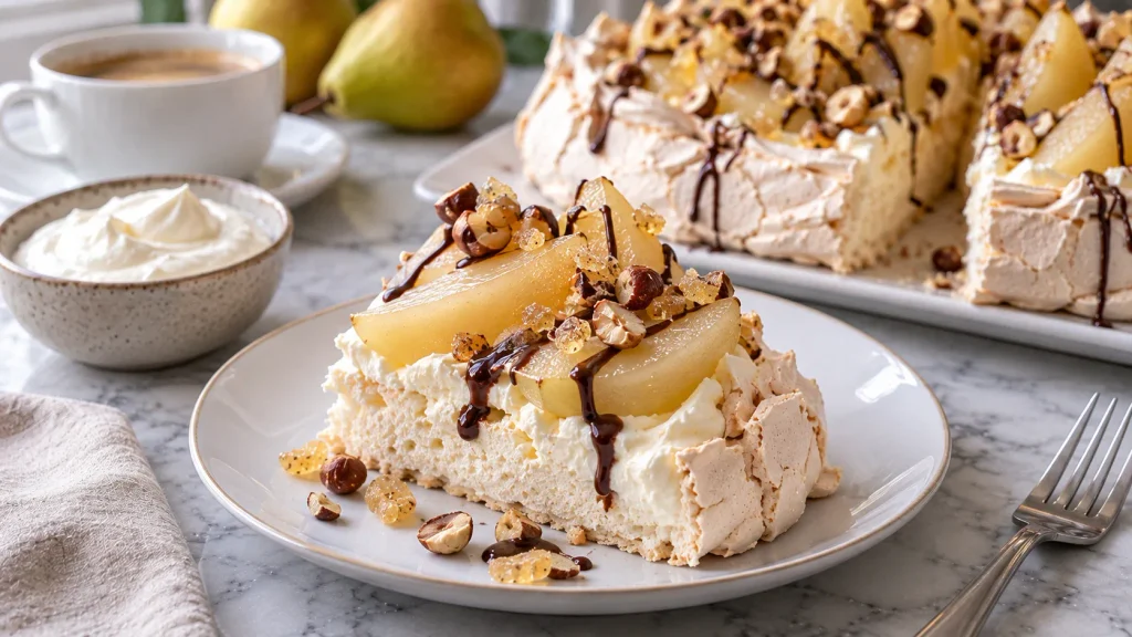 Mary Berry Pear Pavlova served in wedges with creamy filling, poached pears and chopped crystallized ginger