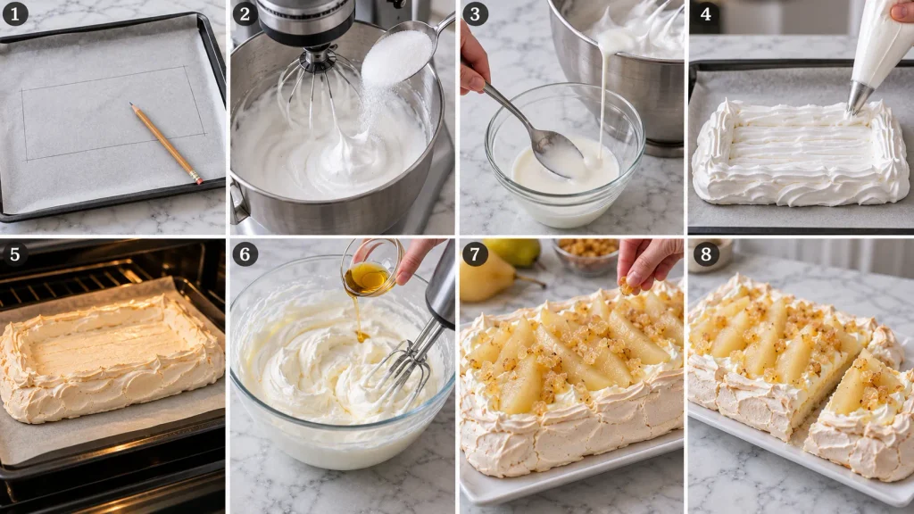 Step-by-step Mary Berry Pear Pavlova process showing meringue preparation, piping, baking, cooling and assembly with pears