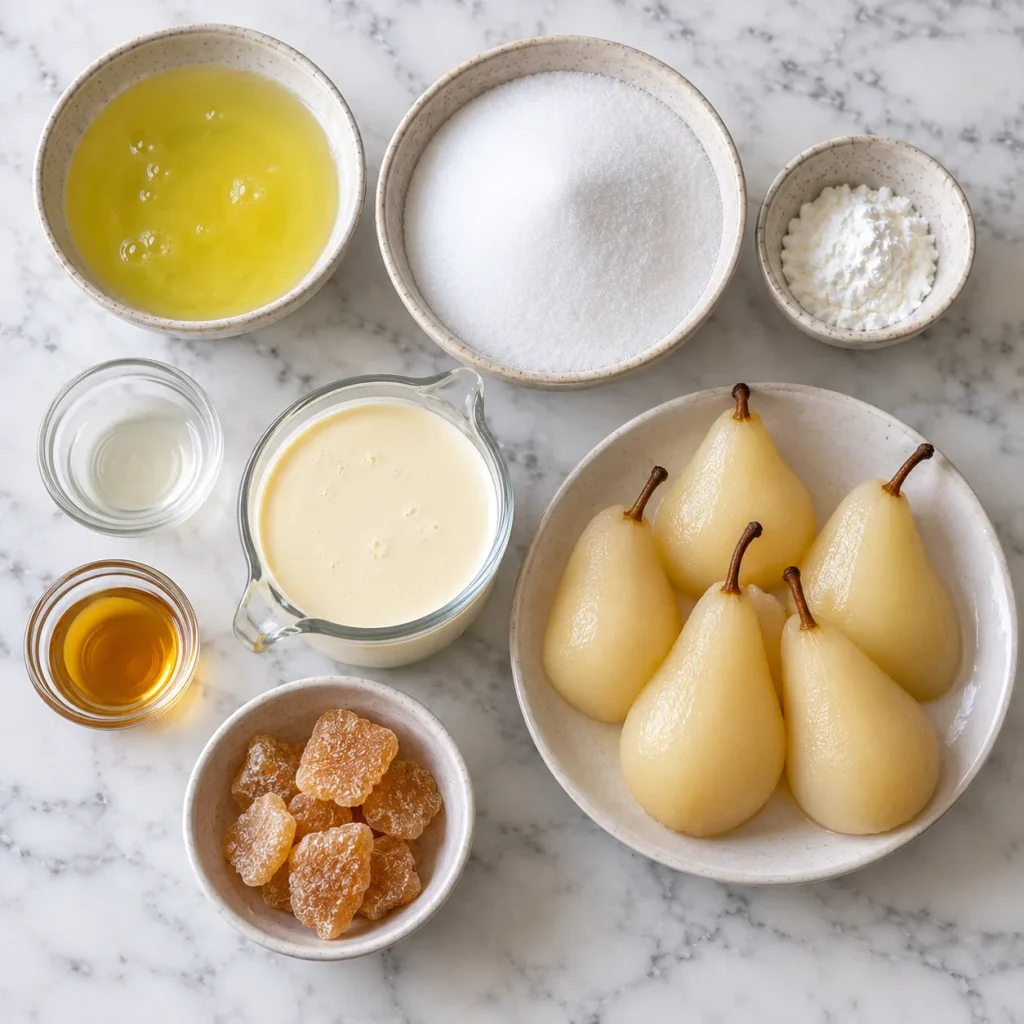 Ingredients for Mary Berry Pear Pavlova including egg whites, caster sugar, double cream, pears, pear liqueur and crystallized ginger