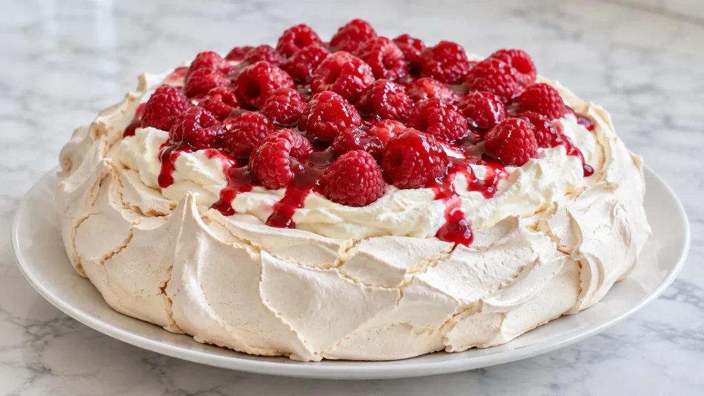 Mary Berry Raspberry Pavlova with whipped cream, fresh raspberries and raspberry coulis