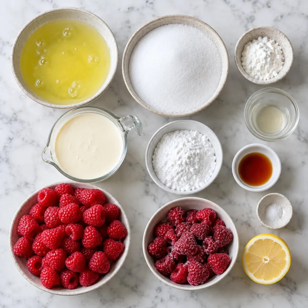 Ingredients for Mary Berry Raspberry Pavlova including egg whites, caster sugar, cream, raspberries, lemon juice and baking ingredients