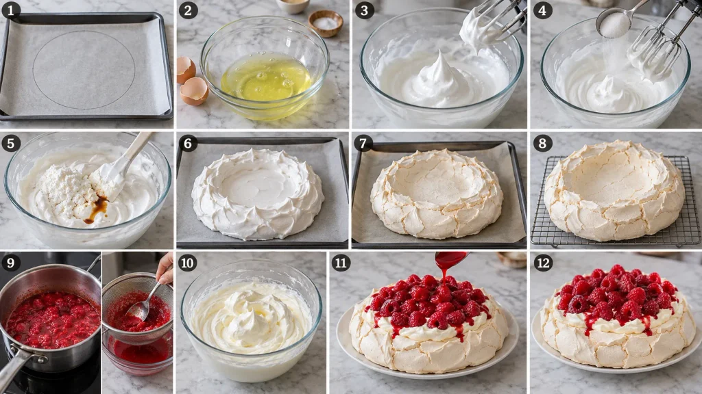 Step-by-step Mary Berry Raspberry Pavlova cooking process from meringue preparation to raspberry coulis and final assembly