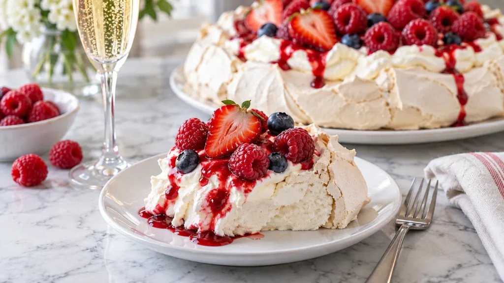 Raspberry pavlova served with whipped cream, fresh raspberries, strawberries, blueberries, raspberry coulis and chilled Prosecco