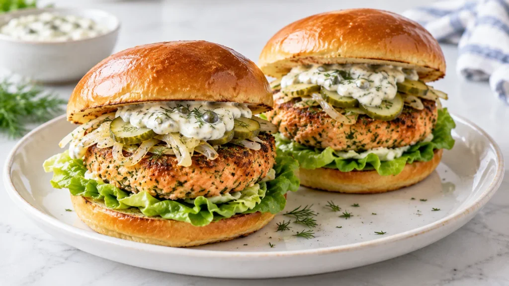 Mary Berry Salmon Burgers with brioche buns, lettuce, fennel and lemon caper mayonnaise