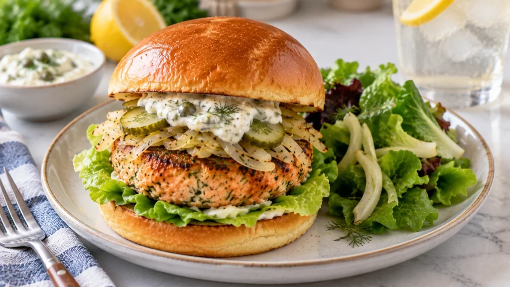Mary Berry Salmon Burgers served in toasted brioche buns with lettuce, crispy fennel and pickled dill cucumbers