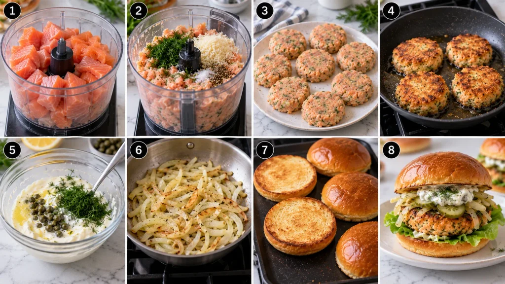 Step-by-step preparation of Mary Berry Salmon Burgers from salmon mixture to assembled burgers