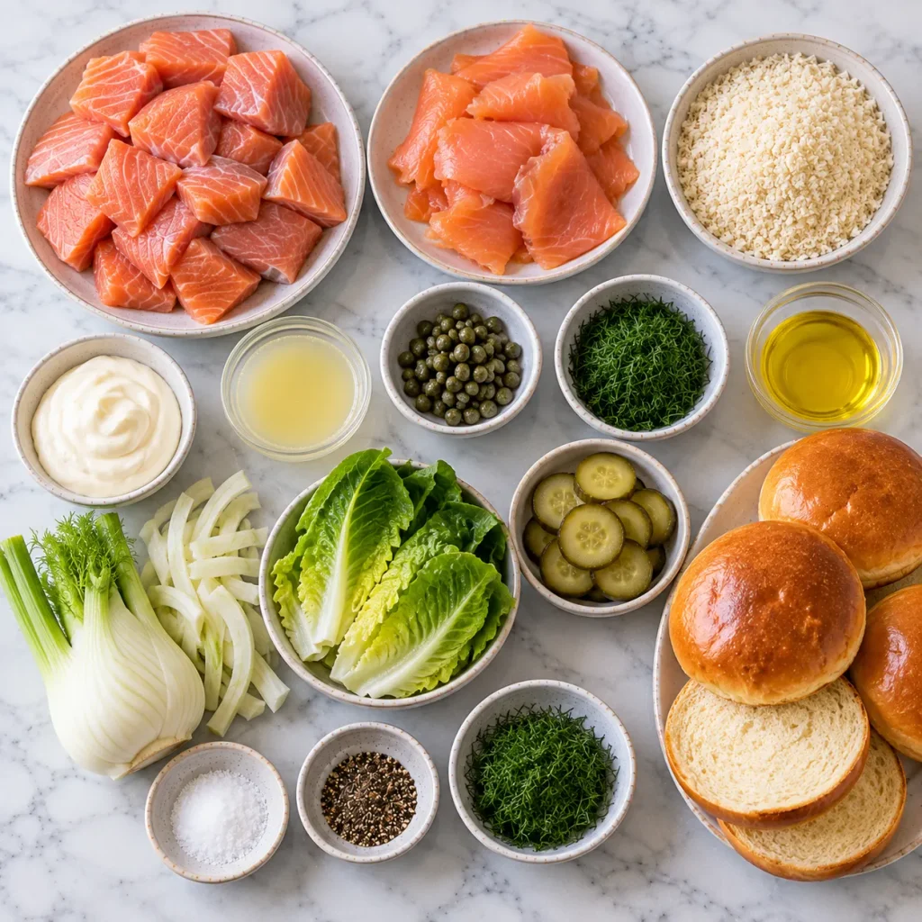 Ingredients for Mary Berry Salmon Burgers including salmon, smoked salmon, breadcrumbs, fennel and brioche buns