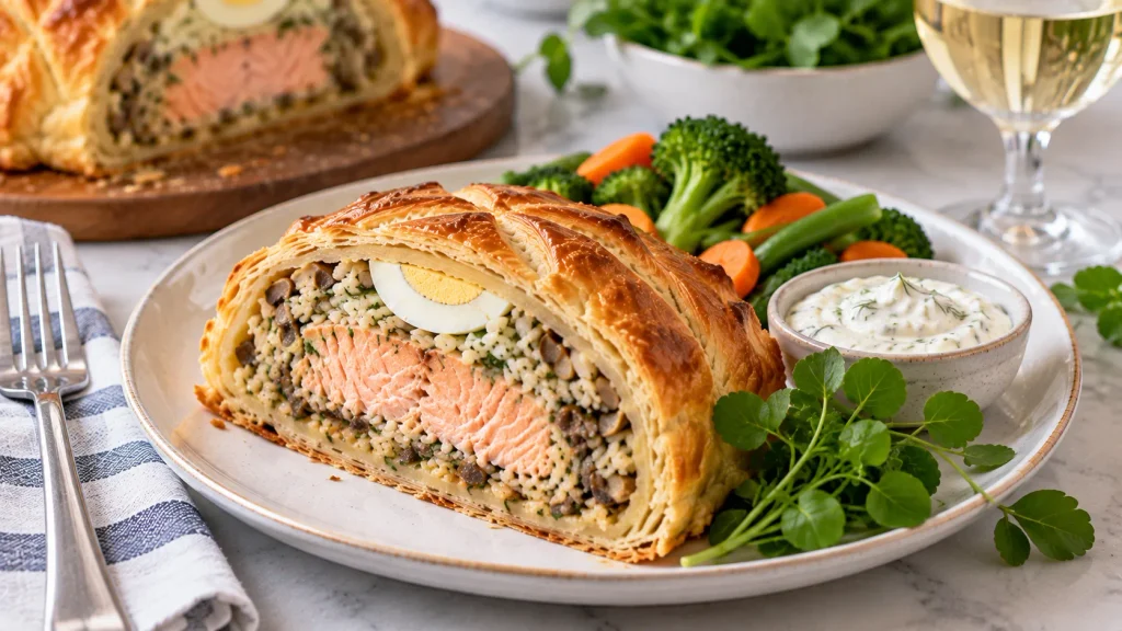 Mary Berry Salmon Coulibiac Recipe with golden flaky pastry and salmon rice filling