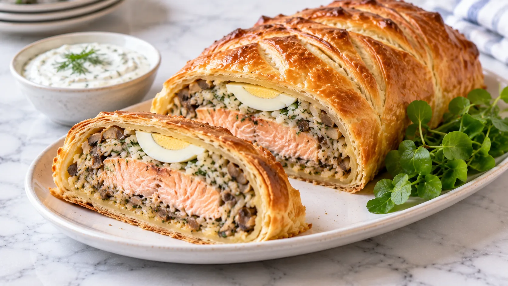 Mary Berry Salmon Coulibiac Recipe with golden flaky pastry and salmon rice filling