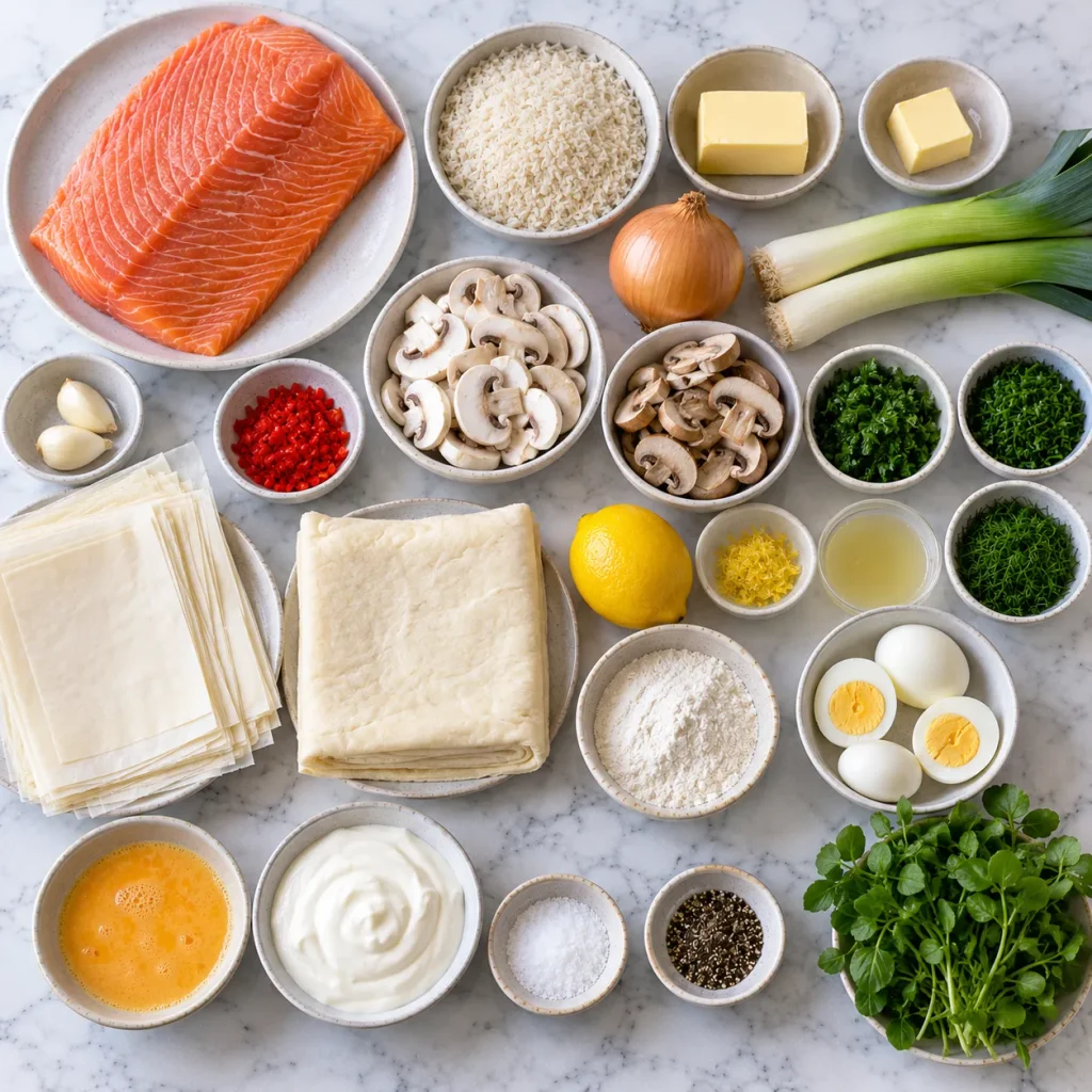 Ingredients for Mary Berry Salmon Coulibiac including salmon, rice, mushrooms, herbs, eggs and pastry