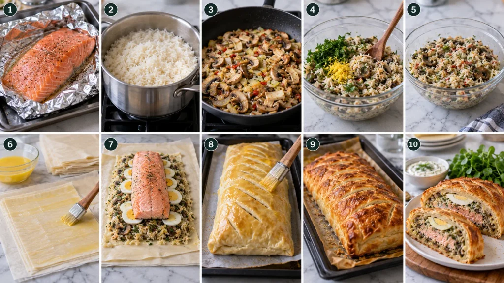Step-by-step preparation of Mary Berry Salmon Coulibiac with salmon, rice filling and pastry