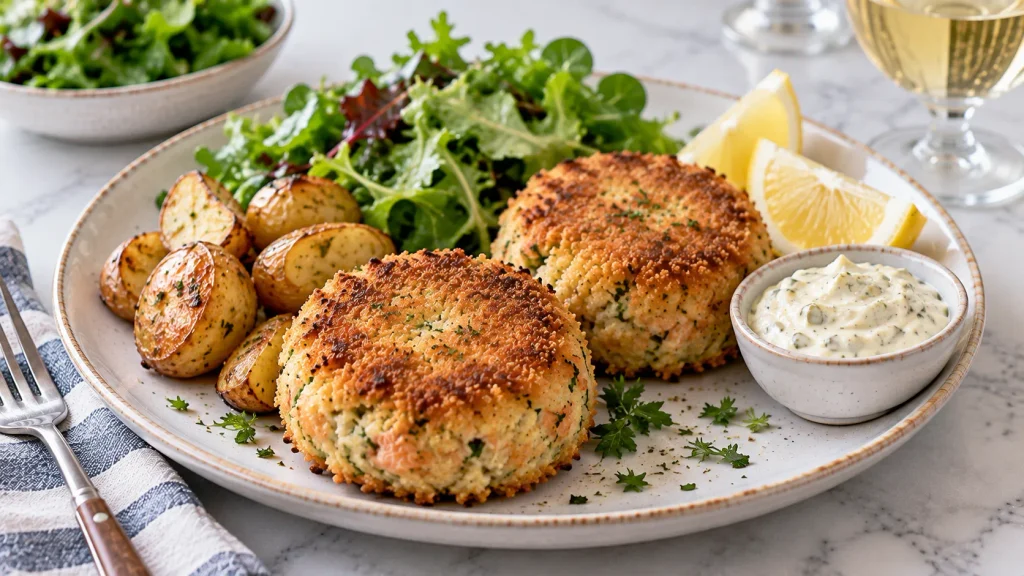 Mary Berry Salmon Fish Cakes served with lemon wedges, salad and toasted baguette slices