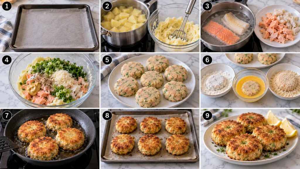 Mary Berry Salmon Fish Cakes shown through the preparation, shaping, coating and cooking steps