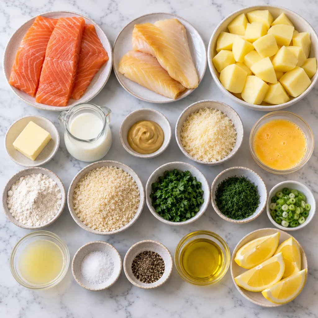 Ingredients for Mary Berry Salmon Fish Cakes including salmon, smoked haddock, potatoes, herbs and breadcrumbs