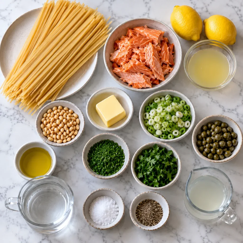Ingredients for Mary Berry Salmon Linguine Recipe including salmon, linguine, capers, lemon, herbs and pine nuts
