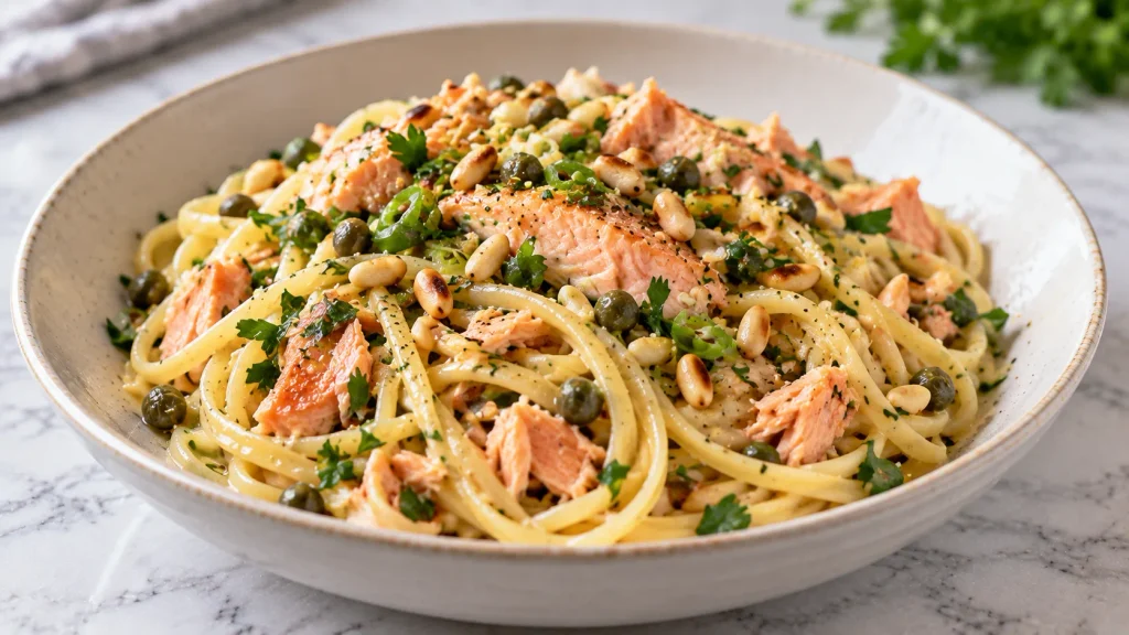 Mary Berry Salmon Linguine Recipe with flaky salmon, lemon, capers, herbs and toasted pine nuts