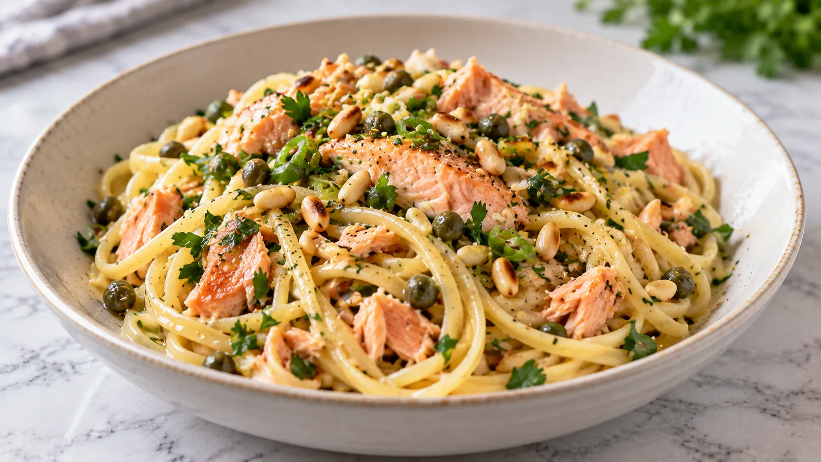 Mary Berry Salmon Linguine Recipe with flaky salmon, lemon, capers, herbs and toasted pine nuts