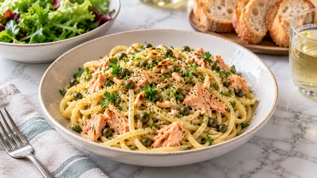 Mary Berry Salmon Linguine served with toasted pine nuts, fresh herbs and suggested sides
