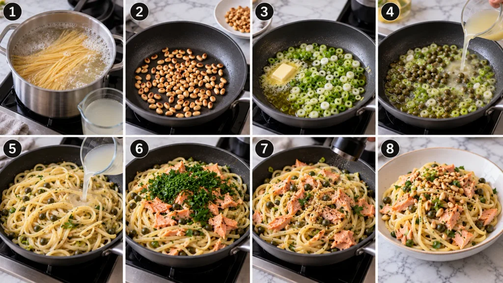 Mary Berry Salmon Linguine Recipe cooking steps showing pasta, salmon, sauce, herbs, spinach and serving